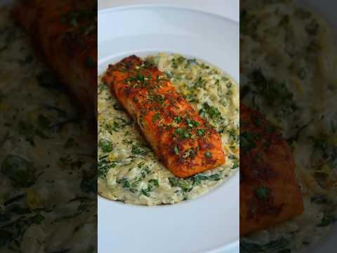 Broccoli-Spinach Orzo with Baked Garlic Salmon